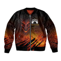 Custom Fiery Dragon Bowling Bomber Jacket with Flaming Ball and Hexagon Flame Pattern - Wonder Print Shop