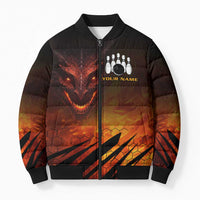 Custom Fiery Dragon Bowling Bomber Puffer Jacket with Flaming Ball and Hexagon Flame Pattern - Wonder Print Shop