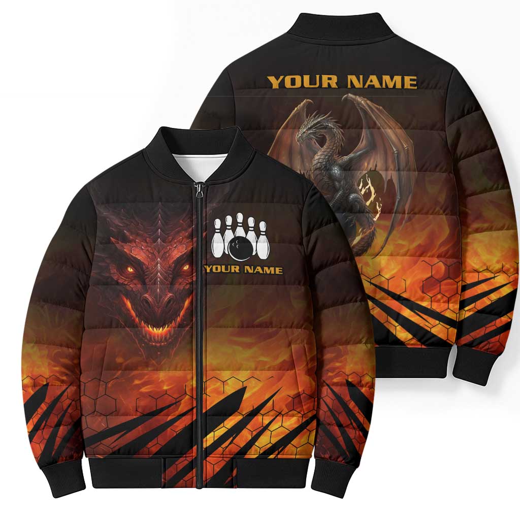Custom Fiery Dragon Bowling Bomber Puffer Jacket with Flaming Ball and Hexagon Flame Pattern - Wonder Print Shop