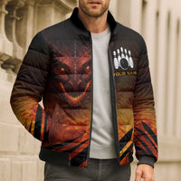 Custom Fiery Dragon Bowling Bomber Puffer Jacket with Flaming Ball and Hexagon Flame Pattern - Wonder Print Shop