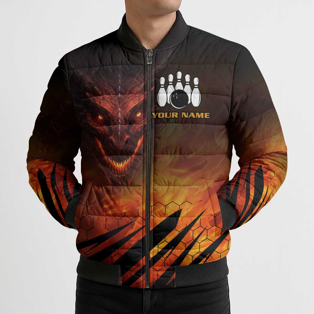 Custom Fiery Dragon Bowling Bomber Puffer Jacket with Flaming Ball and Hexagon Flame Pattern - Wonder Print Shop