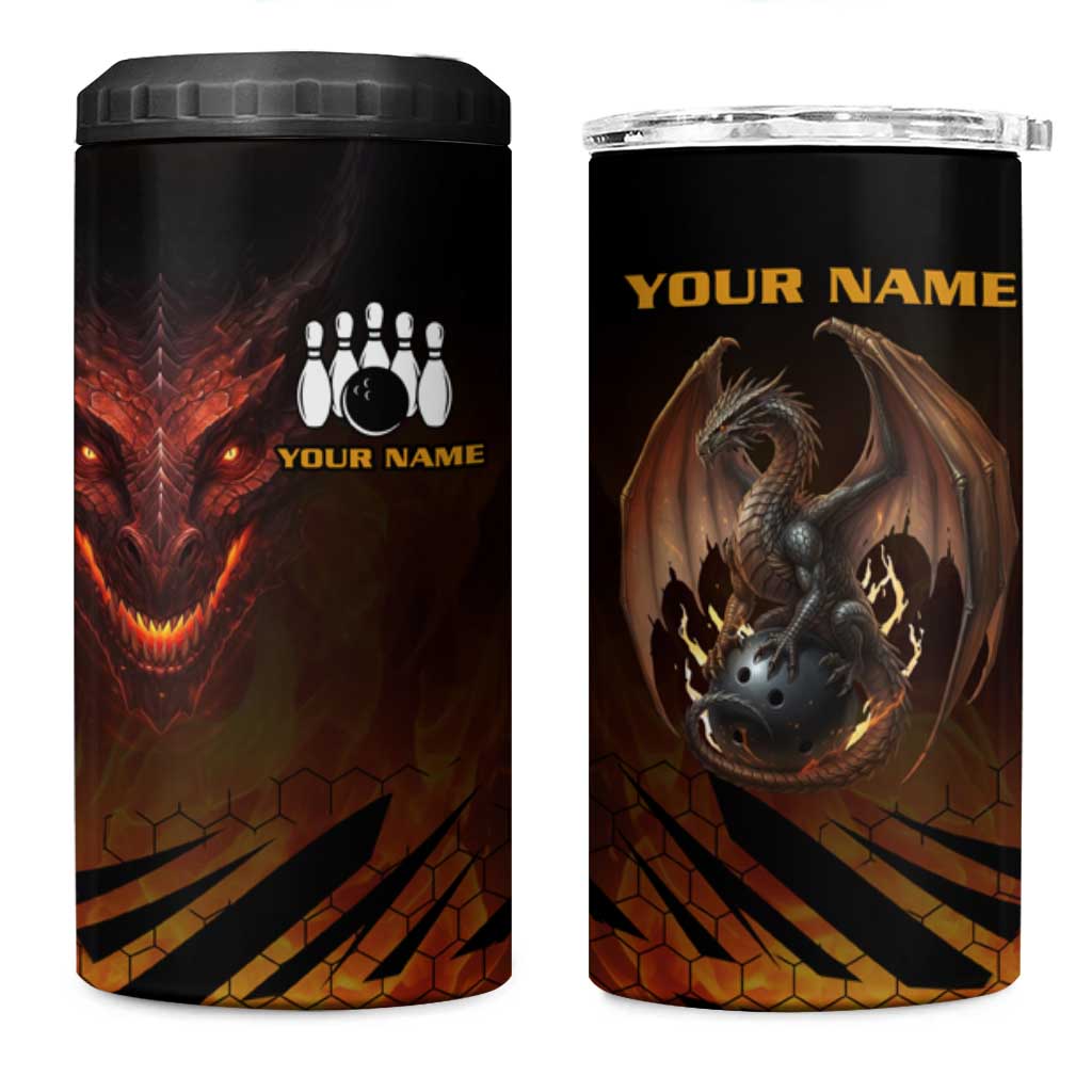 Custom Fiery Dragon Bowling 4 in 1 Can Cooler Tumbler with Flaming Ball and Hexagon Flame Pattern - Wonder Print Shop