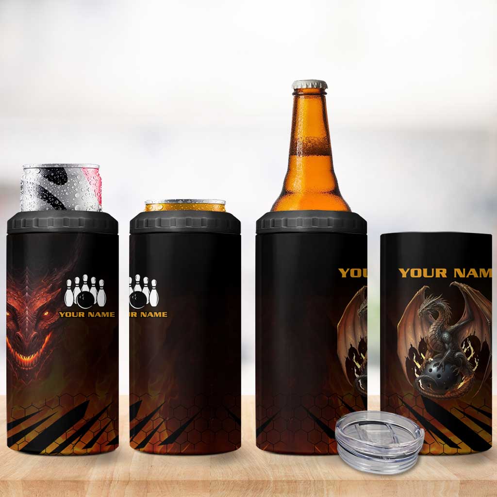 Custom Fiery Dragon Bowling 4 in 1 Can Cooler Tumbler with Flaming Ball and Hexagon Flame Pattern - Wonder Print Shop