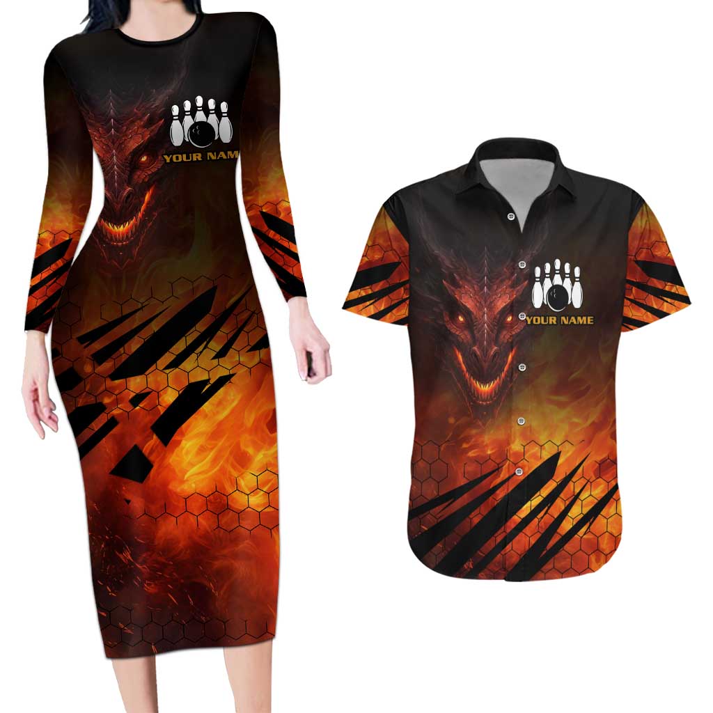 Custom Fiery Dragon Bowling Couples Matching Long Sleeve Bodycon Dress and Hawaiian Shirt with Flaming Ball and Hexagon Flame Pattern - Wonder Print Shop