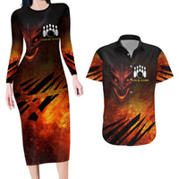 Custom Fiery Dragon Bowling Couples Matching Long Sleeve Bodycon Dress and Hawaiian Shirt with Flaming Ball and Hexagon Flame Pattern - Wonder Print Shop