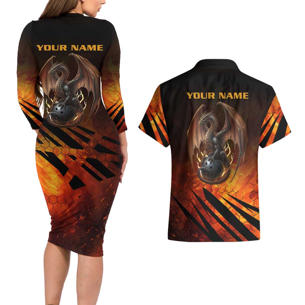 Custom Fiery Dragon Bowling Couples Matching Long Sleeve Bodycon Dress and Hawaiian Shirt with Flaming Ball and Hexagon Flame Pattern - Wonder Print Shop