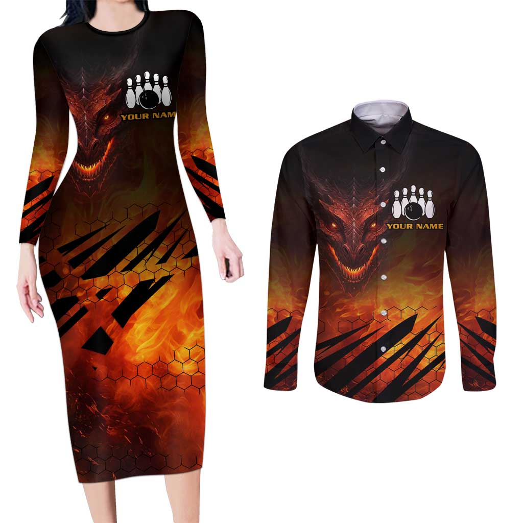 Custom Fiery Dragon Bowling Couples Matching Long Sleeve Bodycon Dress and Long Sleeve Button Shirt with Flaming Ball and Hexagon Flame Pattern - Wonder Print Shop
