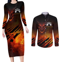 Custom Fiery Dragon Bowling Couples Matching Long Sleeve Bodycon Dress and Long Sleeve Button Shirt with Flaming Ball and Hexagon Flame Pattern - Wonder Print Shop