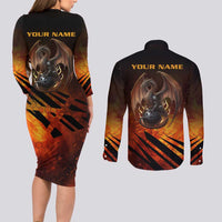 Custom Fiery Dragon Bowling Couples Matching Long Sleeve Bodycon Dress and Long Sleeve Button Shirt with Flaming Ball and Hexagon Flame Pattern - Wonder Print Shop