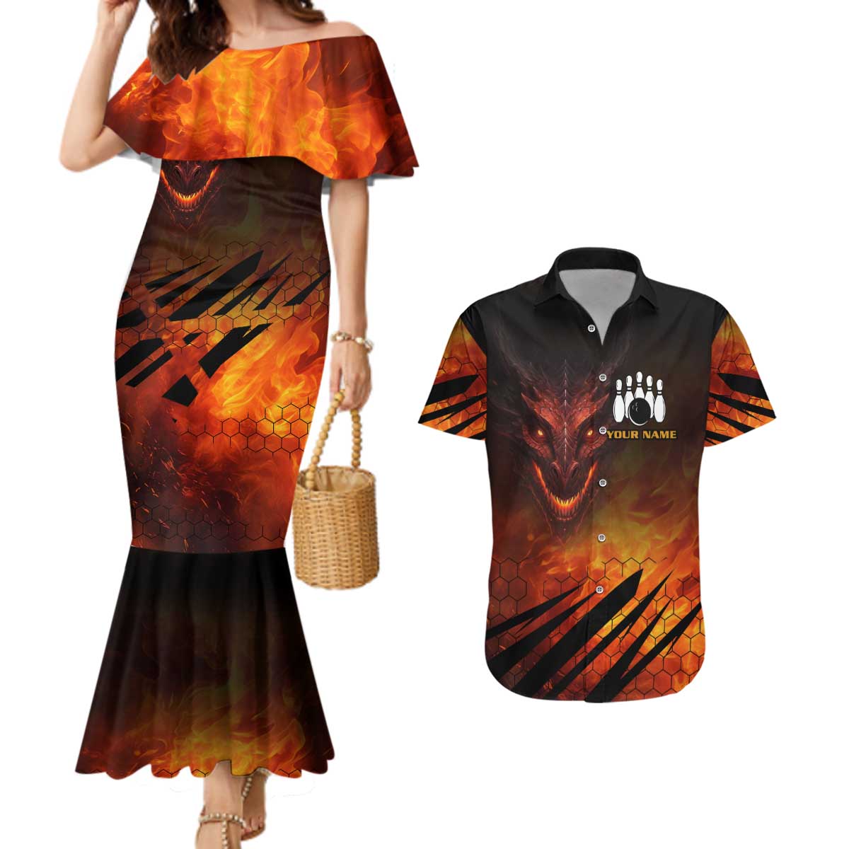 Custom Fiery Dragon Bowling Couples Matching Mermaid Dress and Hawaiian Shirt with Flaming Ball and Hexagon Flame Pattern - Wonder Print Shop