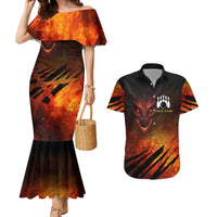 Custom Fiery Dragon Bowling Couples Matching Mermaid Dress and Hawaiian Shirt with Flaming Ball and Hexagon Flame Pattern - Wonder Print Shop