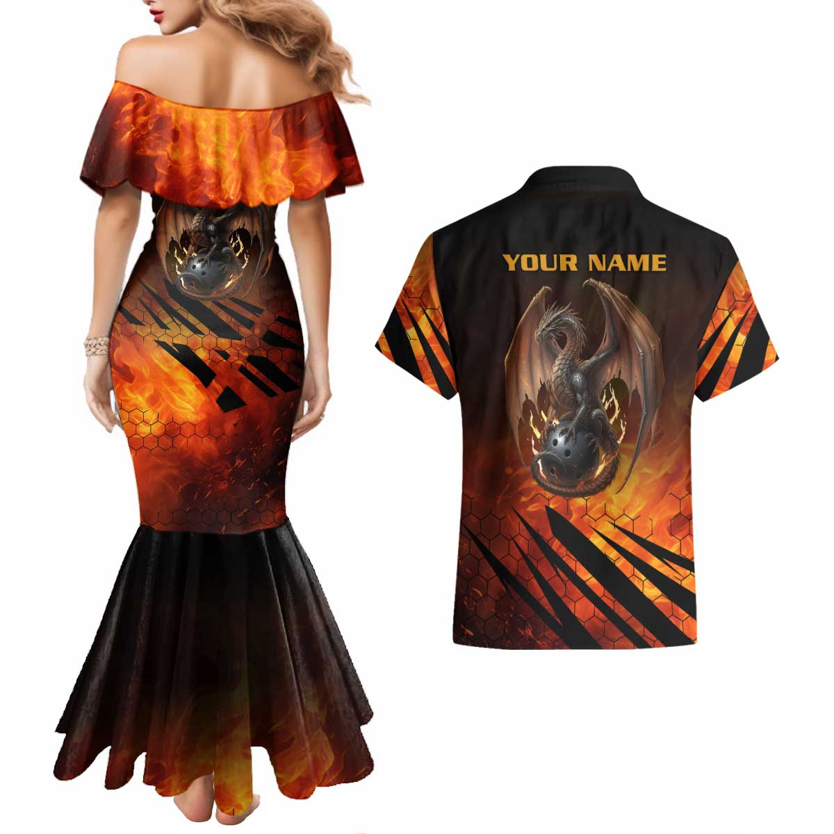 Custom Fiery Dragon Bowling Couples Matching Mermaid Dress and Hawaiian Shirt with Flaming Ball and Hexagon Flame Pattern - Wonder Print Shop