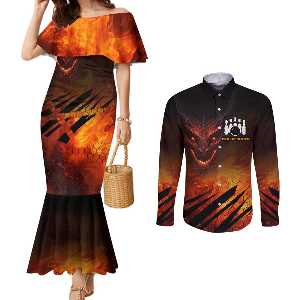 Custom Fiery Dragon Bowling Couples Matching Mermaid Dress and Long Sleeve Button Shirt with Flaming Ball and Hexagon Flame Pattern - Wonder Print Shop