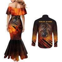 Custom Fiery Dragon Bowling Couples Matching Mermaid Dress and Long Sleeve Button Shirt with Flaming Ball and Hexagon Flame Pattern - Wonder Print Shop