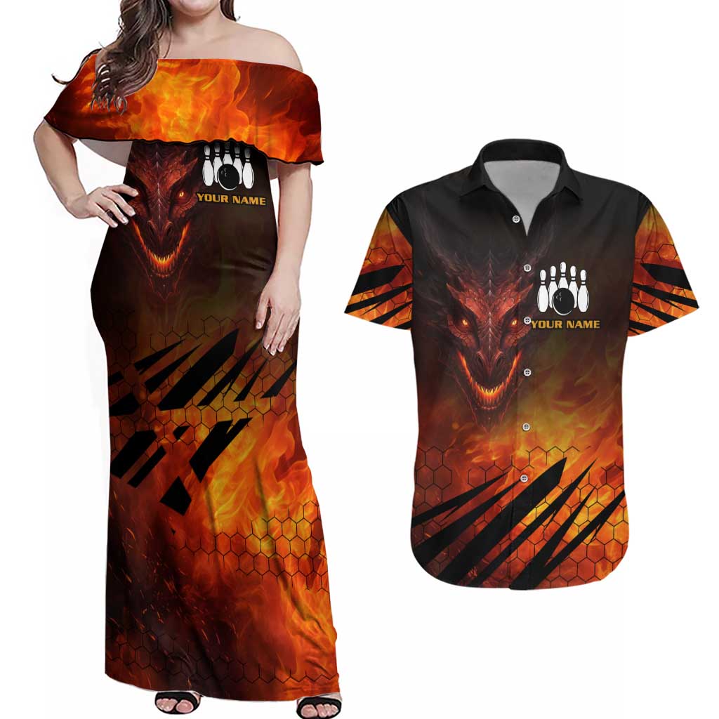 Custom Fiery Dragon Bowling Couples Matching Off Shoulder Maxi Dress and Hawaiian Shirt with Flaming Ball and Hexagon Flame Pattern - Wonder Print Shop