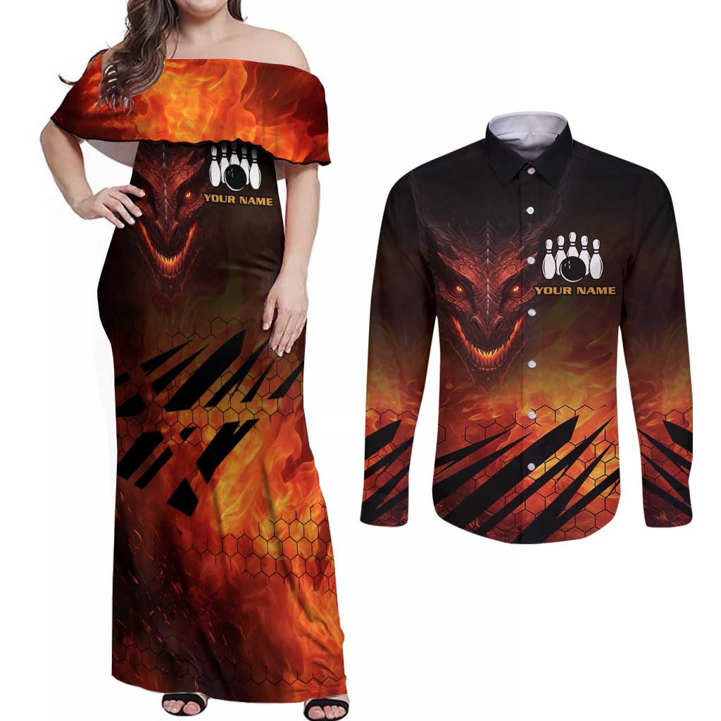 Custom Fiery Dragon Bowling Couples Matching Off Shoulder Maxi Dress and Long Sleeve Button Shirt with Flaming Ball and Hexagon Flame Pattern - Wonder Print Shop