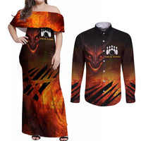 Custom Fiery Dragon Bowling Couples Matching Off Shoulder Maxi Dress and Long Sleeve Button Shirt with Flaming Ball and Hexagon Flame Pattern - Wonder Print Shop