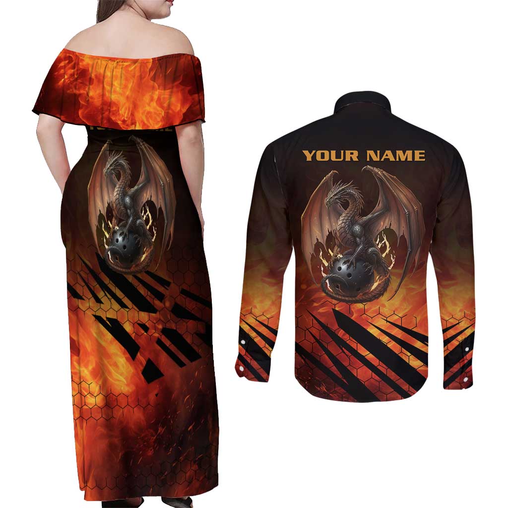 Custom Fiery Dragon Bowling Couples Matching Off Shoulder Maxi Dress and Long Sleeve Button Shirt with Flaming Ball and Hexagon Flame Pattern - Wonder Print Shop