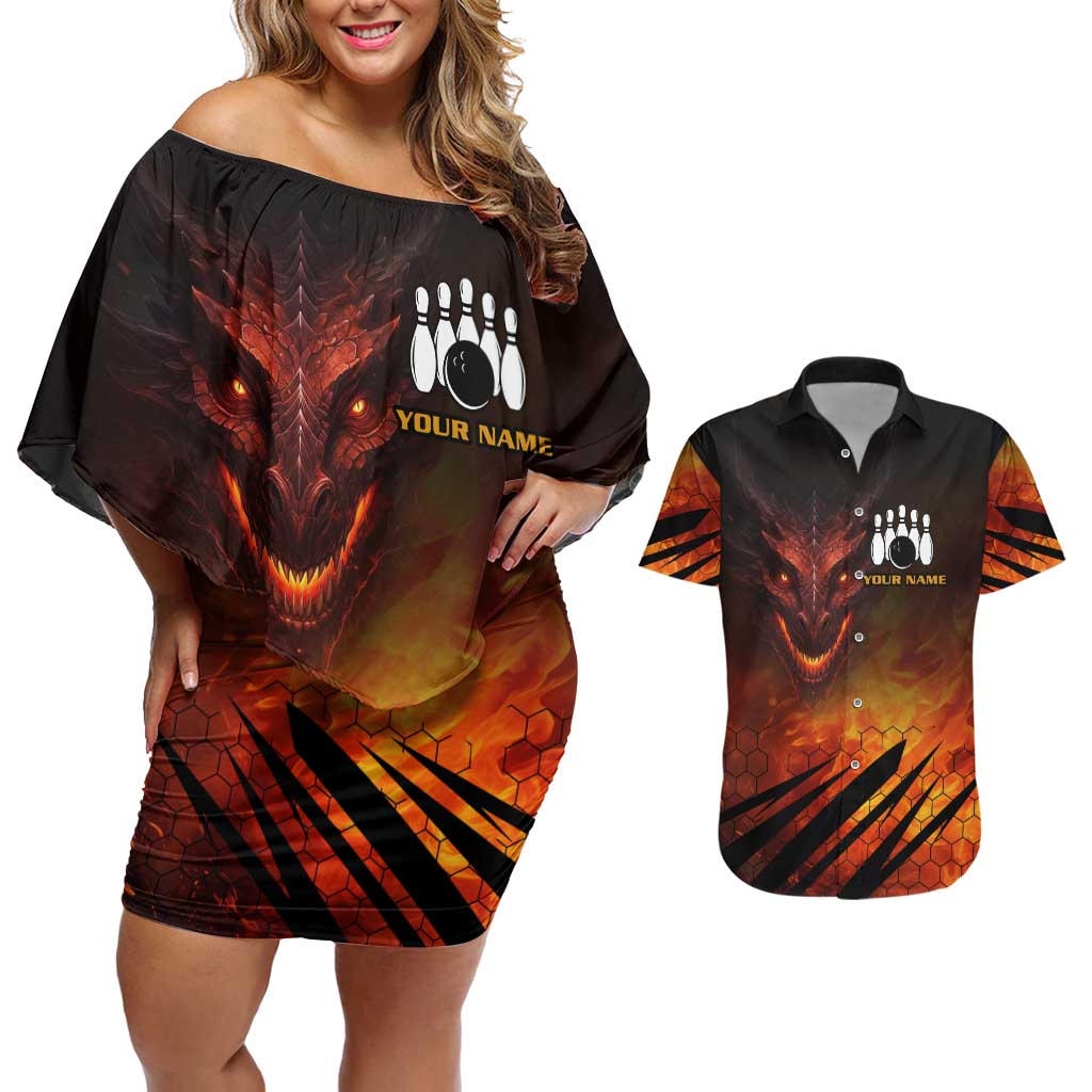 Custom Fiery Dragon Bowling Couples Matching Off Shoulder Short Dress and Hawaiian Shirt with Flaming Ball and Hexagon Flame Pattern - Wonder Print Shop