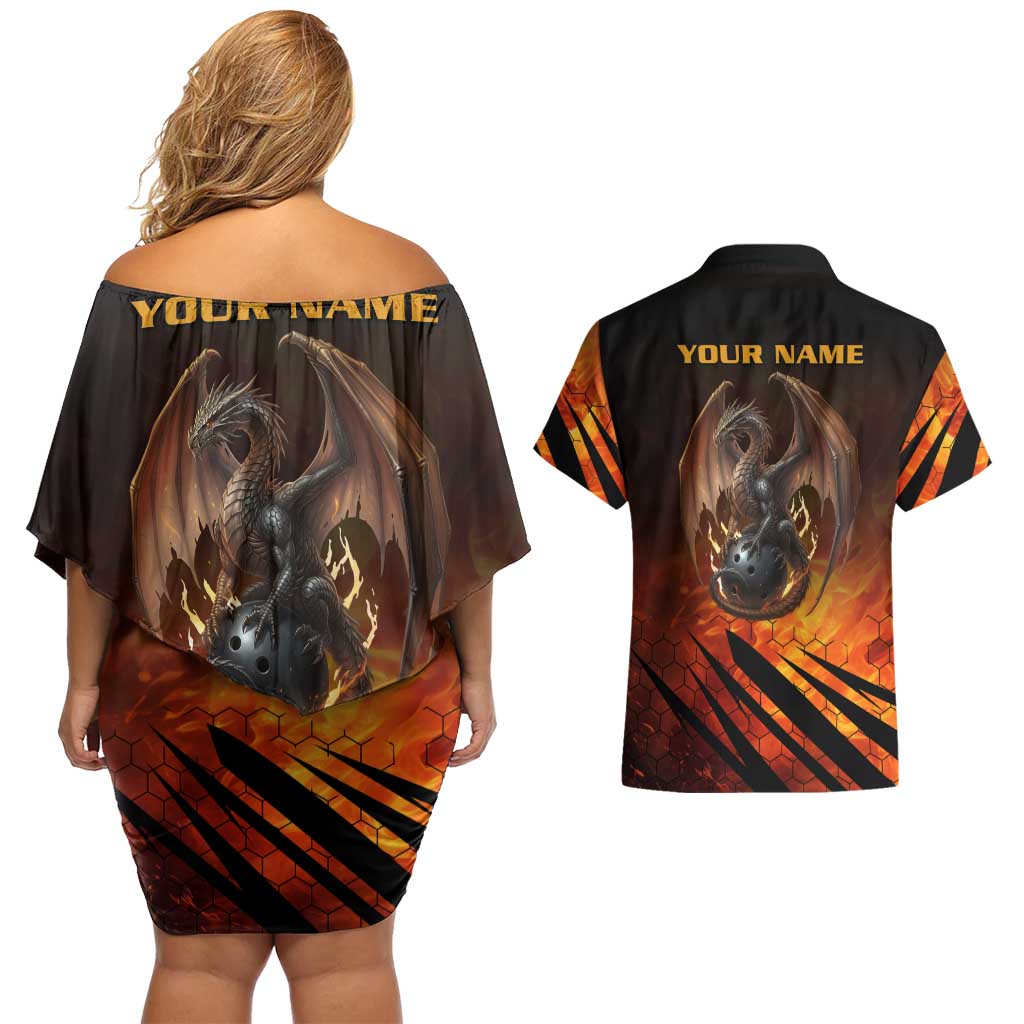 Custom Fiery Dragon Bowling Couples Matching Off Shoulder Short Dress and Hawaiian Shirt with Flaming Ball and Hexagon Flame Pattern - Wonder Print Shop