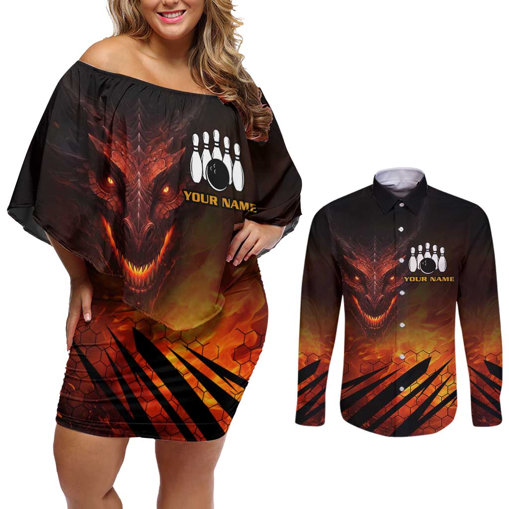Custom Fiery Dragon Bowling Couples Matching Off Shoulder Short Dress and Long Sleeve Button Shirt with Flaming Ball and Hexagon Flame Pattern - Wonder Print Shop