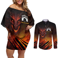 Custom Fiery Dragon Bowling Couples Matching Off Shoulder Short Dress and Long Sleeve Button Shirt with Flaming Ball and Hexagon Flame Pattern - Wonder Print Shop