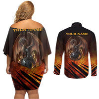 Custom Fiery Dragon Bowling Couples Matching Off Shoulder Short Dress and Long Sleeve Button Shirt with Flaming Ball and Hexagon Flame Pattern - Wonder Print Shop