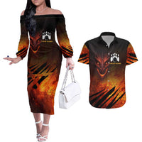 Custom Fiery Dragon Bowling Couples Matching Off The Shoulder Long Sleeve Dress and Hawaiian Shirt with Flaming Ball and Hexagon Flame Pattern - Wonder Print Shop