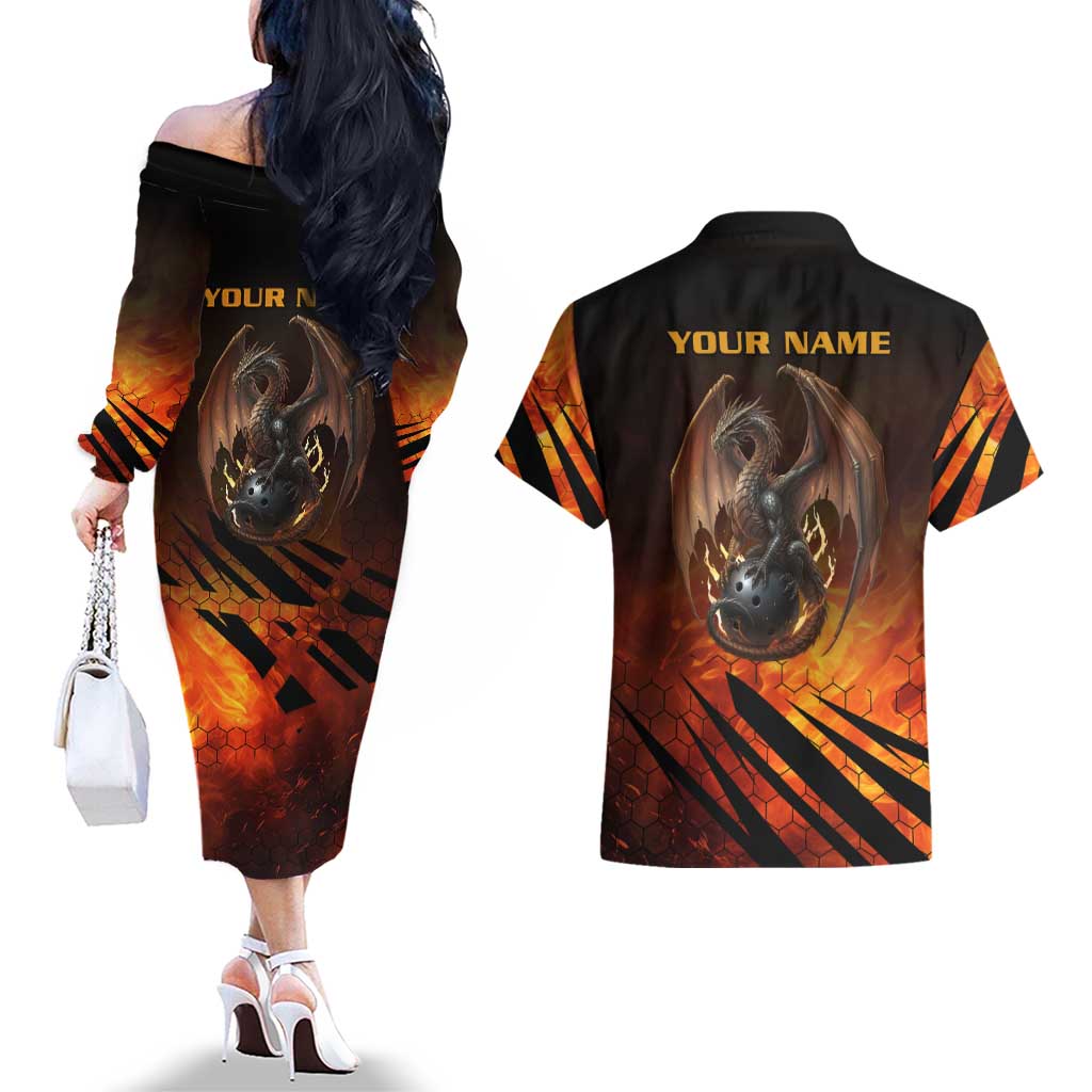 Custom Fiery Dragon Bowling Couples Matching Off The Shoulder Long Sleeve Dress and Hawaiian Shirt with Flaming Ball and Hexagon Flame Pattern - Wonder Print Shop