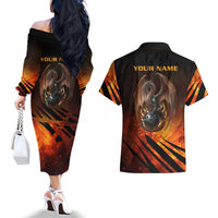 Custom Fiery Dragon Bowling Couples Matching Off The Shoulder Long Sleeve Dress and Hawaiian Shirt with Flaming Ball and Hexagon Flame Pattern - Wonder Print Shop