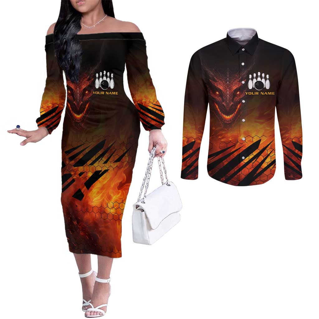 Custom Fiery Dragon Bowling Couples Matching Off The Shoulder Long Sleeve Dress and Long Sleeve Button Shirt with Flaming Ball and Hexagon Flame Pattern - Wonder Print Shop