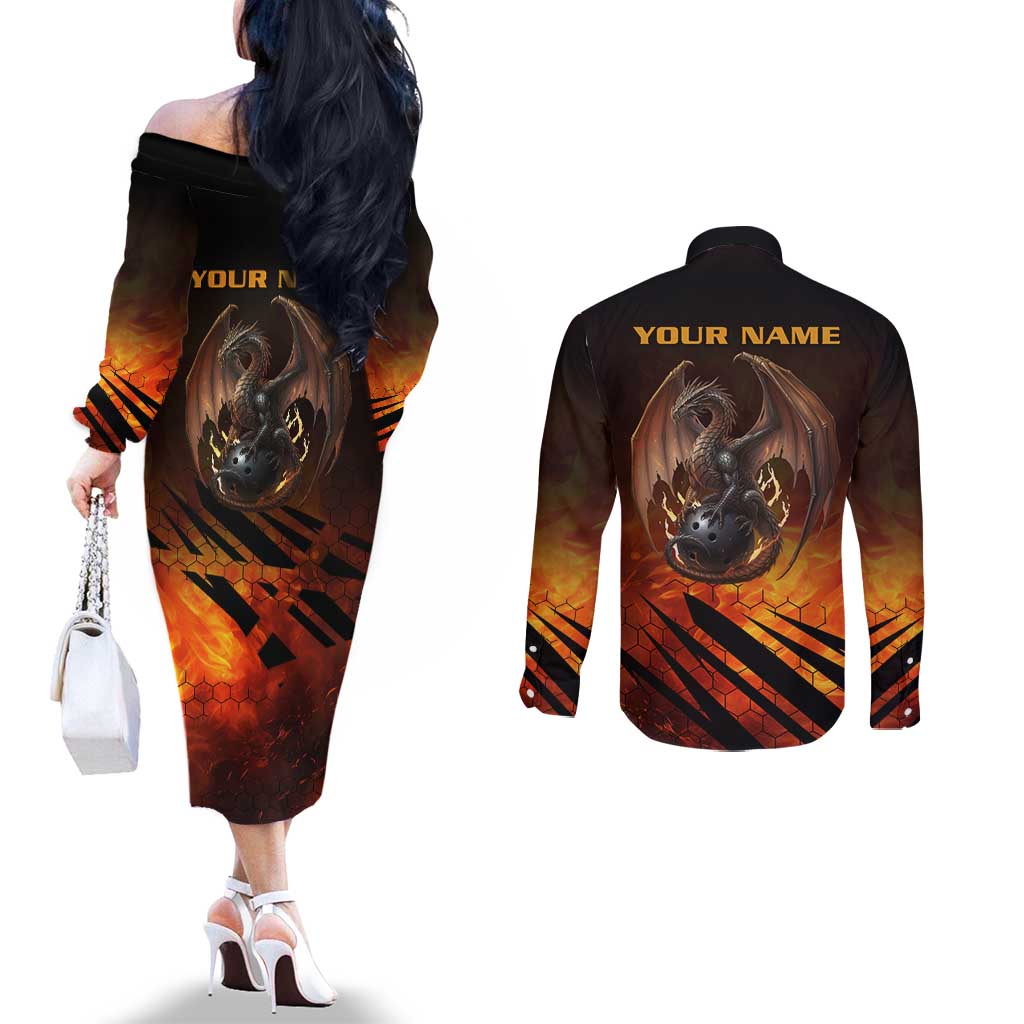 Custom Fiery Dragon Bowling Couples Matching Off The Shoulder Long Sleeve Dress and Long Sleeve Button Shirt with Flaming Ball and Hexagon Flame Pattern - Wonder Print Shop