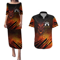 Custom Fiery Dragon Bowling Couples Matching Puletasi and Hawaiian Shirt with Flaming Ball and Hexagon Flame Pattern - Wonder Print Shop