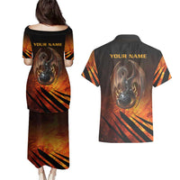 Custom Fiery Dragon Bowling Couples Matching Puletasi and Hawaiian Shirt with Flaming Ball and Hexagon Flame Pattern - Wonder Print Shop