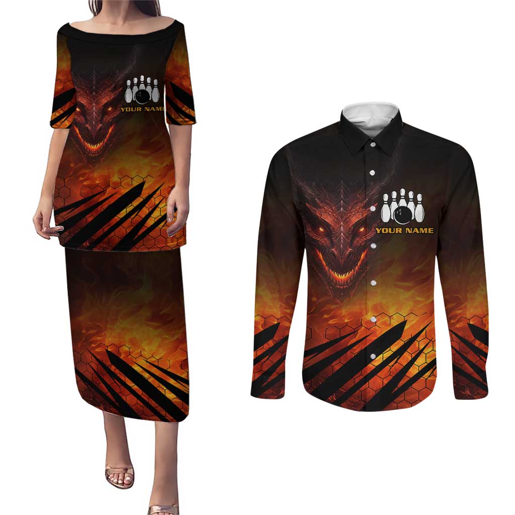 Custom Fiery Dragon Bowling Couples Matching Puletasi and Long Sleeve Button Shirt with Flaming Ball and Hexagon Flame Pattern - Wonder Print Shop