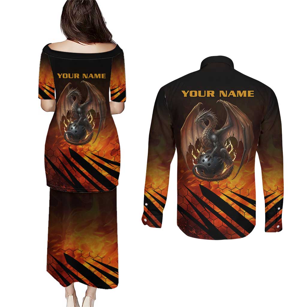 Custom Fiery Dragon Bowling Couples Matching Puletasi and Long Sleeve Button Shirt with Flaming Ball and Hexagon Flame Pattern - Wonder Print Shop