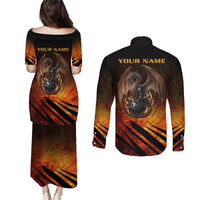 Custom Fiery Dragon Bowling Couples Matching Puletasi and Long Sleeve Button Shirt with Flaming Ball and Hexagon Flame Pattern - Wonder Print Shop