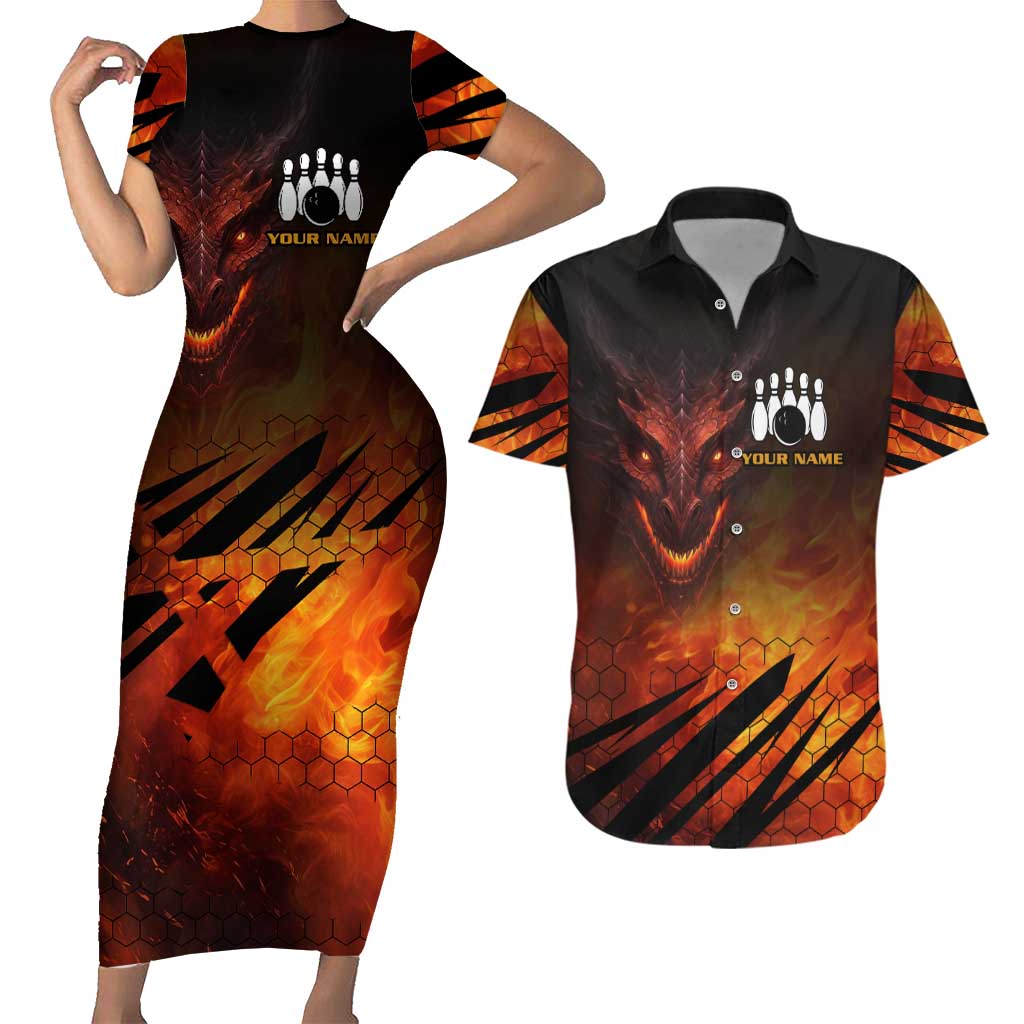 Custom Fiery Dragon Bowling Couples Matching Short Sleeve Bodycon Dress and Hawaiian Shirt with Flaming Ball and Hexagon Flame Pattern - Wonder Print Shop