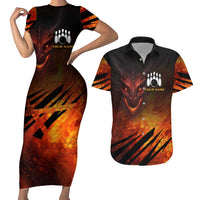 Custom Fiery Dragon Bowling Couples Matching Short Sleeve Bodycon Dress and Hawaiian Shirt with Flaming Ball and Hexagon Flame Pattern - Wonder Print Shop