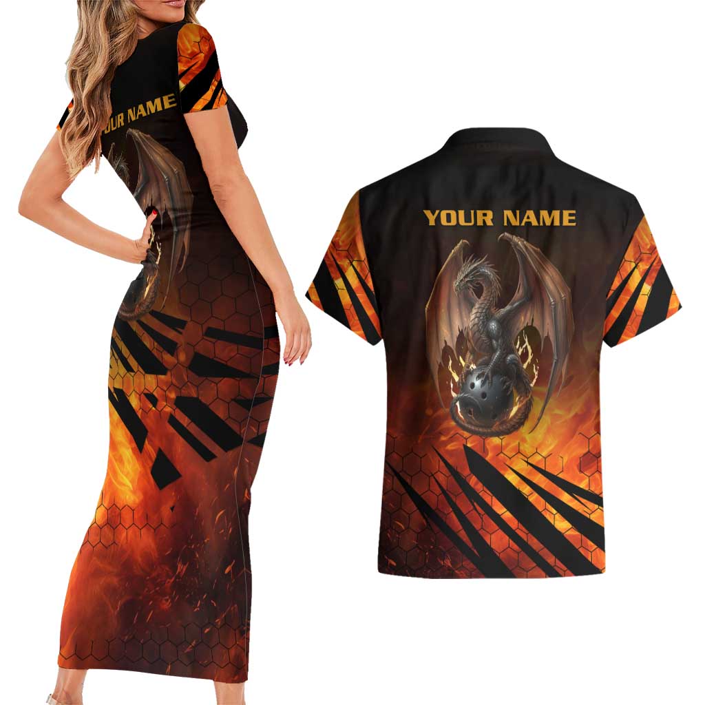 Custom Fiery Dragon Bowling Couples Matching Short Sleeve Bodycon Dress and Hawaiian Shirt with Flaming Ball and Hexagon Flame Pattern - Wonder Print Shop