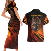 Custom Fiery Dragon Bowling Couples Matching Short Sleeve Bodycon Dress and Hawaiian Shirt with Flaming Ball and Hexagon Flame Pattern - Wonder Print Shop