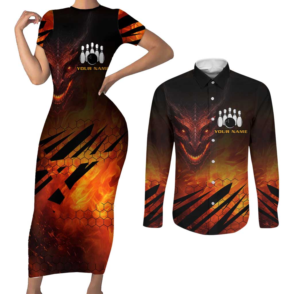 Custom Fiery Dragon Bowling Couples Matching Short Sleeve Bodycon Dress and Long Sleeve Button Shirt with Flaming Ball and Hexagon Flame Pattern - Wonder Print Shop