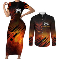 Custom Fiery Dragon Bowling Couples Matching Short Sleeve Bodycon Dress and Long Sleeve Button Shirt with Flaming Ball and Hexagon Flame Pattern - Wonder Print Shop