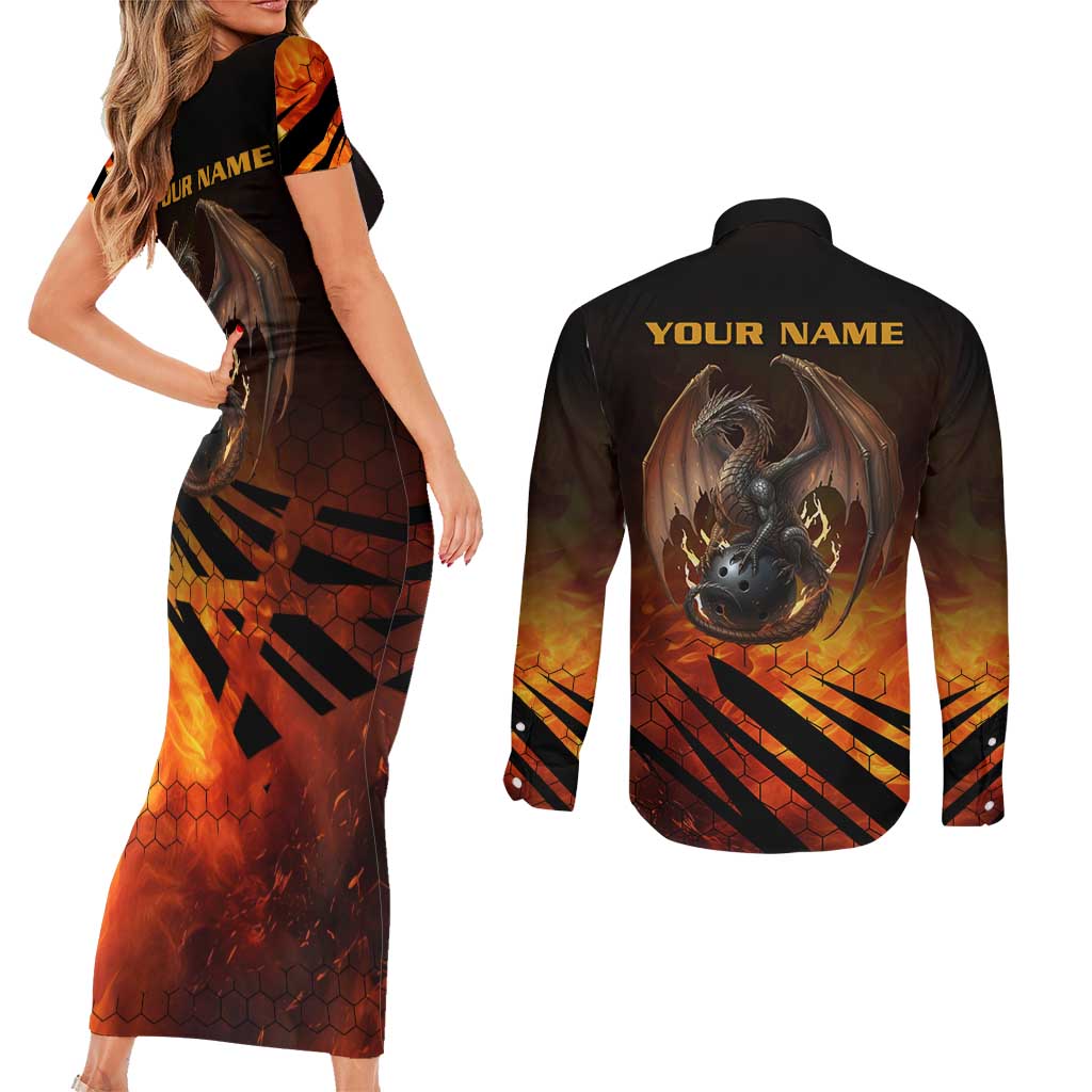 Custom Fiery Dragon Bowling Couples Matching Short Sleeve Bodycon Dress and Long Sleeve Button Shirt with Flaming Ball and Hexagon Flame Pattern - Wonder Print Shop