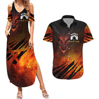 Custom Fiery Dragon Bowling Couples Matching Summer Maxi Dress and Hawaiian Shirt with Flaming Ball and Hexagon Flame Pattern - Wonder Print Shop