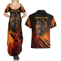 Custom Fiery Dragon Bowling Couples Matching Summer Maxi Dress and Hawaiian Shirt with Flaming Ball and Hexagon Flame Pattern - Wonder Print Shop