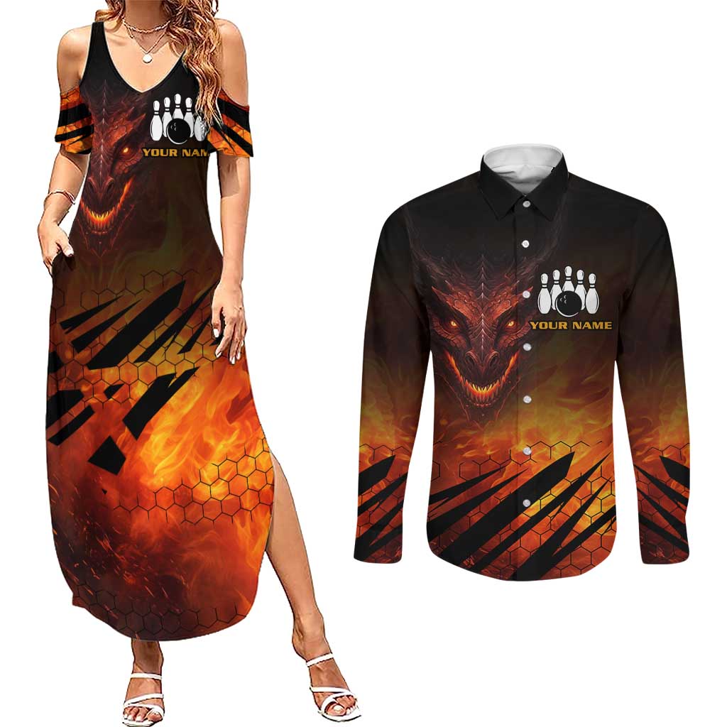 Custom Fiery Dragon Bowling Couples Matching Summer Maxi Dress and Long Sleeve Button Shirt with Flaming Ball and Hexagon Flame Pattern - Wonder Print Shop