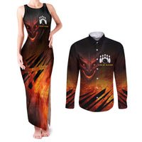 Custom Fiery Dragon Bowling Couples Matching Tank Maxi Dress and Long Sleeve Button Shirt with Flaming Ball and Hexagon Flame Pattern - Wonder Print Shop