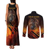 Custom Fiery Dragon Bowling Couples Matching Tank Maxi Dress and Long Sleeve Button Shirt with Flaming Ball and Hexagon Flame Pattern - Wonder Print Shop