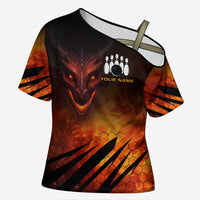 Custom Fiery Dragon Bowling Cross Shoulder Shirt with Flaming Ball and Hexagon Flame Pattern - Wonder Print Shop